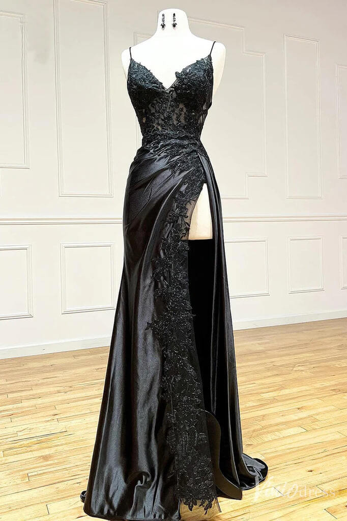 Sheath Satin Prom Dresses with Slit, Spaghetti Strap, V-neck, Lace Appliqued Formal Dresses FD1523-prom dresses 2025 -Viniodress-Black-Custom Size-