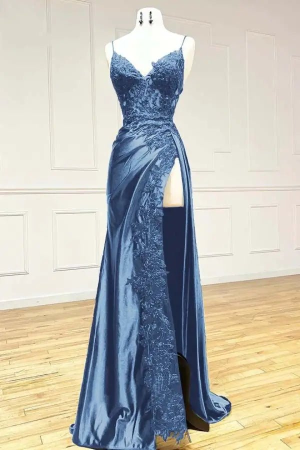 Sheath Satin Prom Dresses with Slit, Spaghetti Strap, V-neck, Lace Appliqued Formal Dresses FD1523-prom dresses 2025 -Viniodress-Dusty Blue-Custom Size-