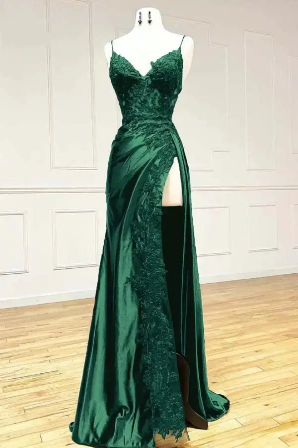 Sheath Satin Prom Dresses with Slit, Spaghetti Strap, V-neck, Lace Appliqued Formal Dresses FD1523-prom dresses 2025 -Viniodress-Green-Custom Size-