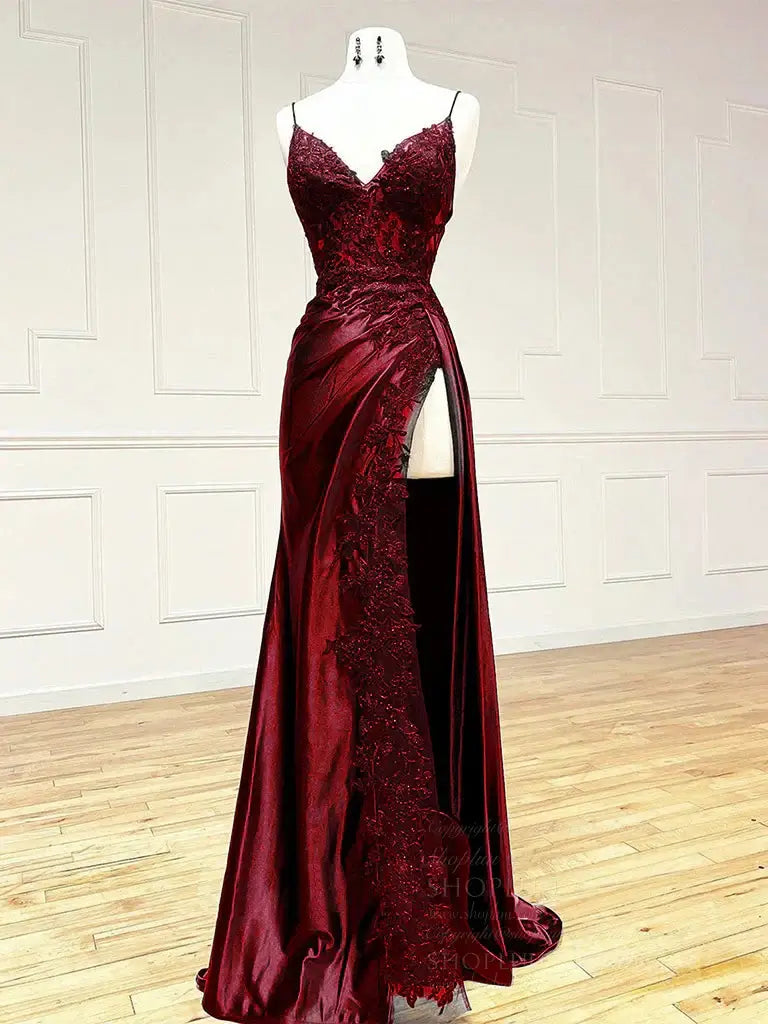 prom dresses 2025 Sheath Satin Prom Dresses with Slit, Spaghetti Strap, V-neck, Lace Appliqued Formal Dresses FD1523-plus size wedding dresses Viniodress-Burgundy-Custom Size-