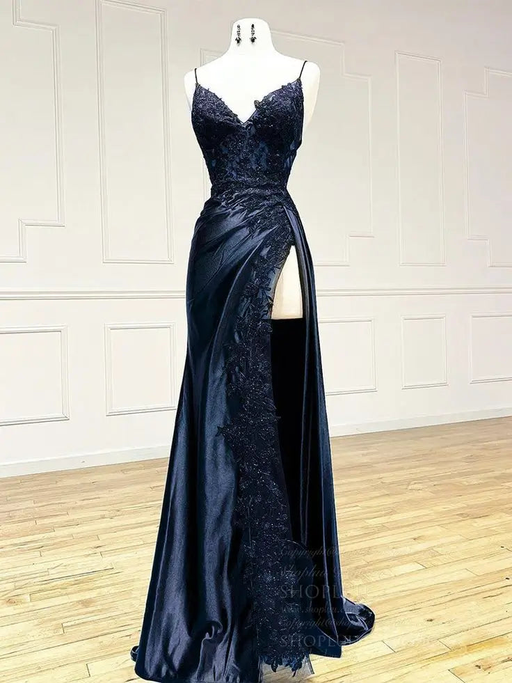 prom dresses 2025 Sheath Satin Prom Dresses with Slit, Spaghetti Strap, V-neck, Lace Appliqued Formal Dresses FD1523-plus size wedding dresses Viniodress-Navy-Custom Size-