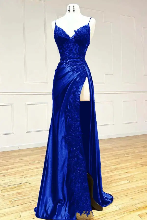 prom dresses 2025 Sheath Satin Prom Dresses with Slit, Spaghetti Strap, V-neck, Lace Appliqued Formal Dresses FD1523-plus size wedding dresses Viniodress-Royal Blue-Custom Size-