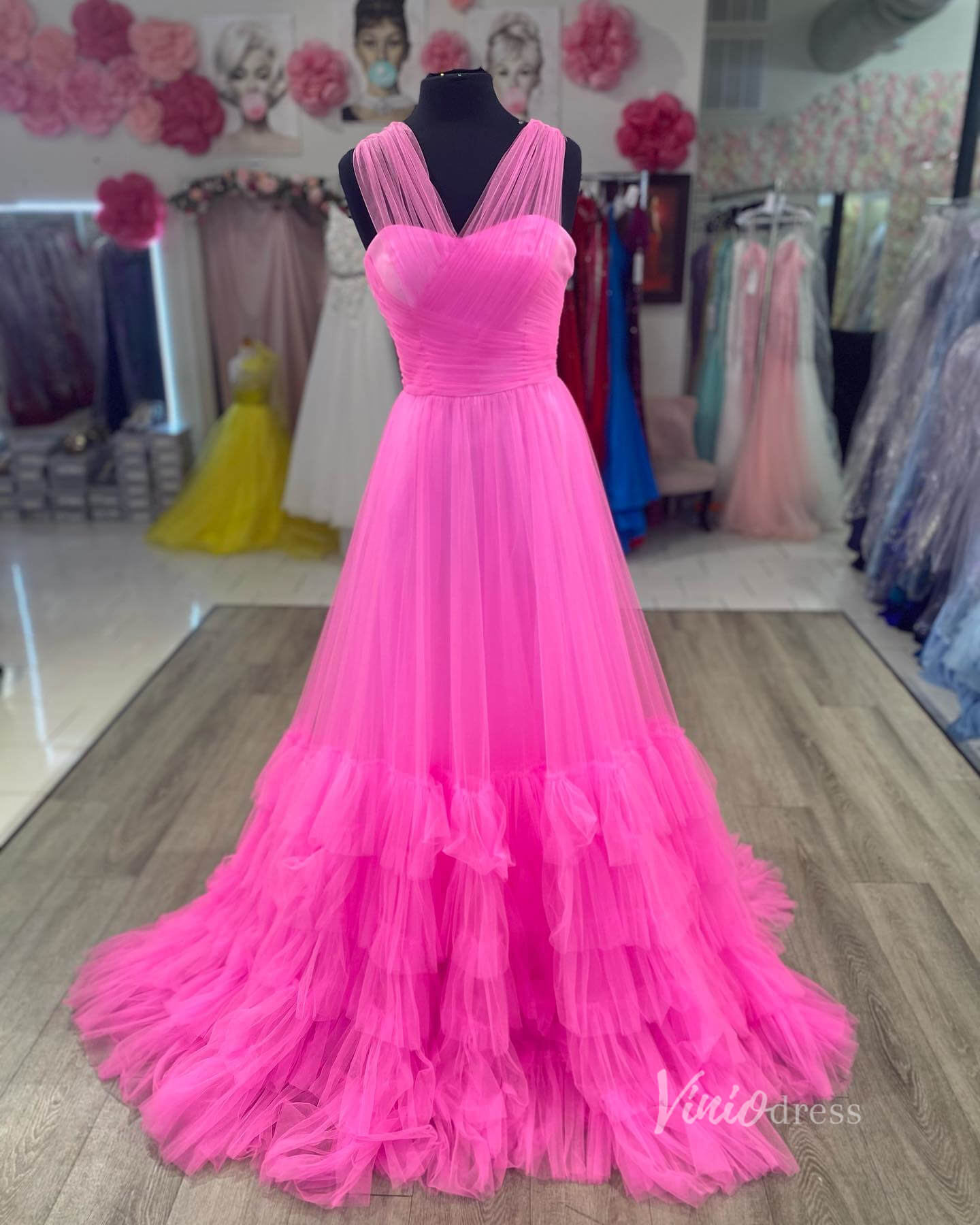 Sheer Crossed Pleated Prom Dresses Ruffled Tulle Formal Gown FD3975-prom dresses 2025 -Viniodress-Hot Pink-Custom Size-