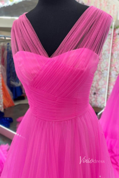 Sheer Crossed Pleated Prom Dresses Ruffled Tulle Formal Gown FD3975-prom dresses 2025 -Viniodress-Hot Pink-Custom Size-