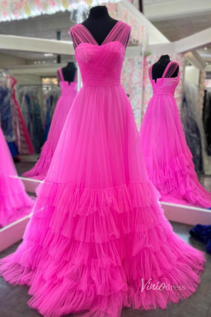 Sheer Crossed Pleated Prom Dresses Ruffled Tulle Formal Gown FD3975-prom dresses 2025 -Viniodress-Hot Pink-Custom Size-