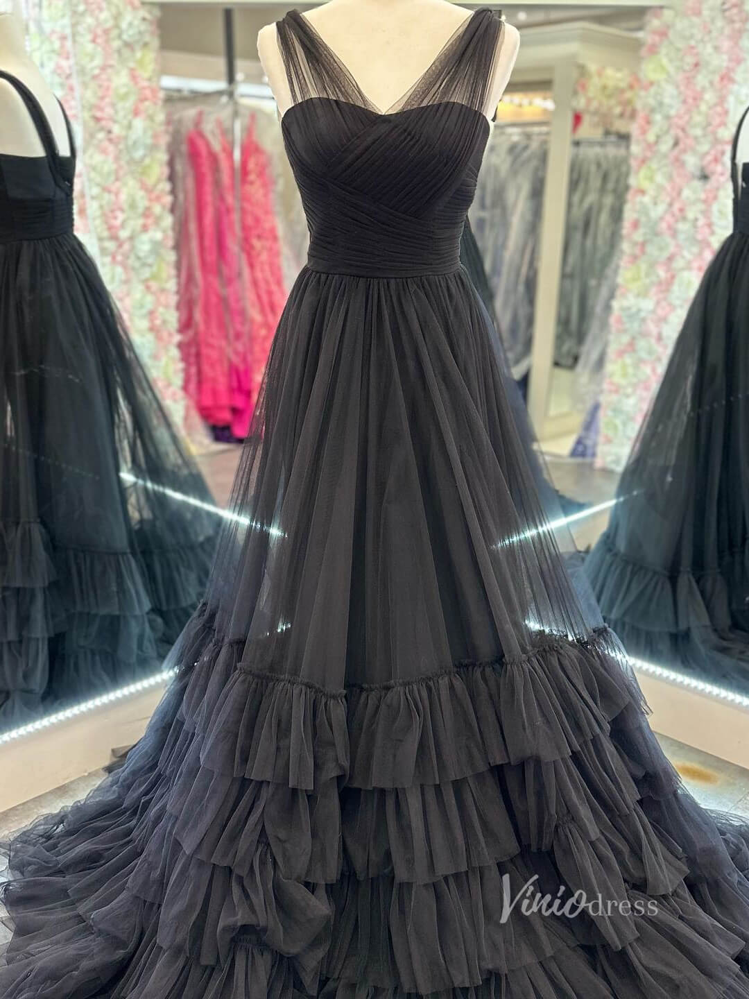 Sheer Crossed Pleated Prom Dresses Ruffled Tulle Formal Gown FD3975 - Viniodressprom dressesBlackCustom Size - Formal Dresses - Ball Gowns