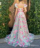 Sheer Floral Print Prom Dresses with Slit Puffed Sleeve Rosette Formal Gown TO013-prom dresses-Viniodress-Viniodress