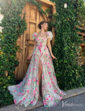 Sheer Floral Print Prom Dresses with Slit Puffed Sleeve Rosette Formal Gown TO013-prom dresses-Viniodress-Viniodress