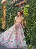 Sheer Floral Print Prom Dresses with Slit Puffed Sleeve Rosette Formal Gown TO013-prom dresses-Viniodress-Viniodress