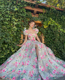 Sheer Floral Print Prom Dresses with Slit Puffed Sleeve Rosette Formal Gown TO013