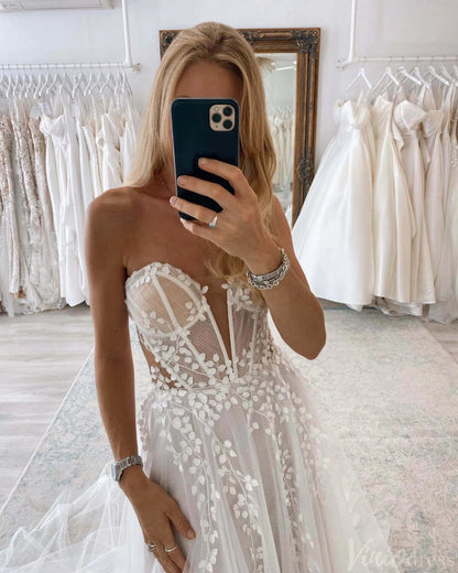 Sheer Lace Applique Wedding Dresses with Slit Off the Shoulder Beach Bridal Gown AW1008-wedding dresses 2025 -Viniodress-Ivory-Custom Size-