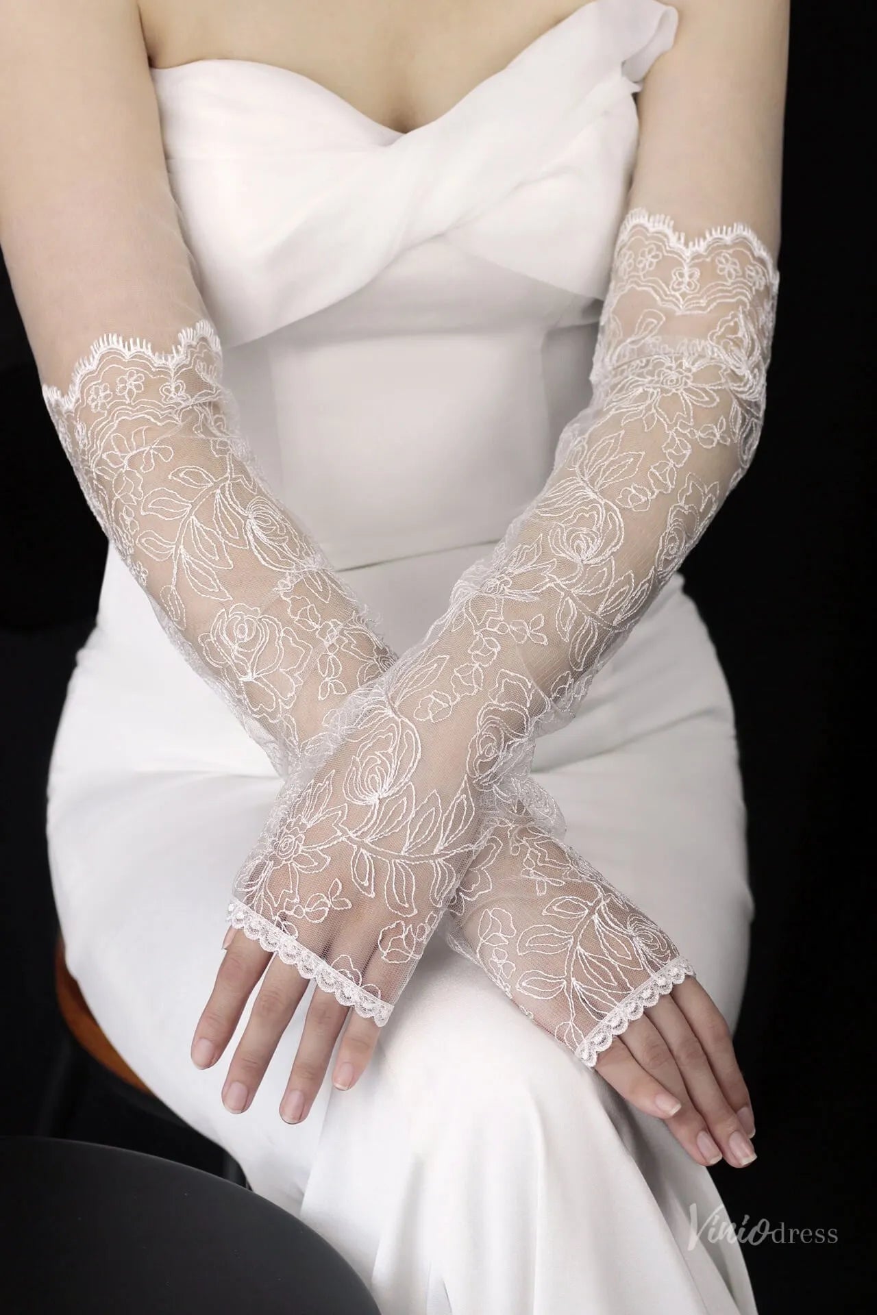 Sheer Lace Brial Gloves Romantic Long Sleeve for Brides WG183-Bridal Gloves 2026-Viniodress-Ivory-