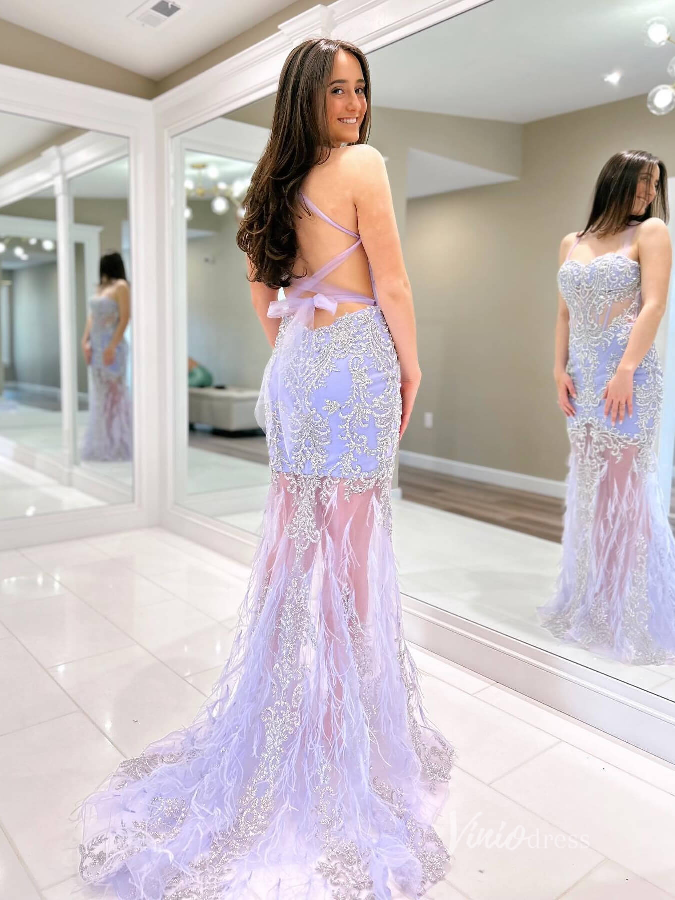 Sheer Lavender Lace Prom Dresses Feather Mermaid Spaghetti Strap Evening Dress FD3670 - Viniodressprom dressesLavenderCustom Size - Formal Dresses - Ball Gowns