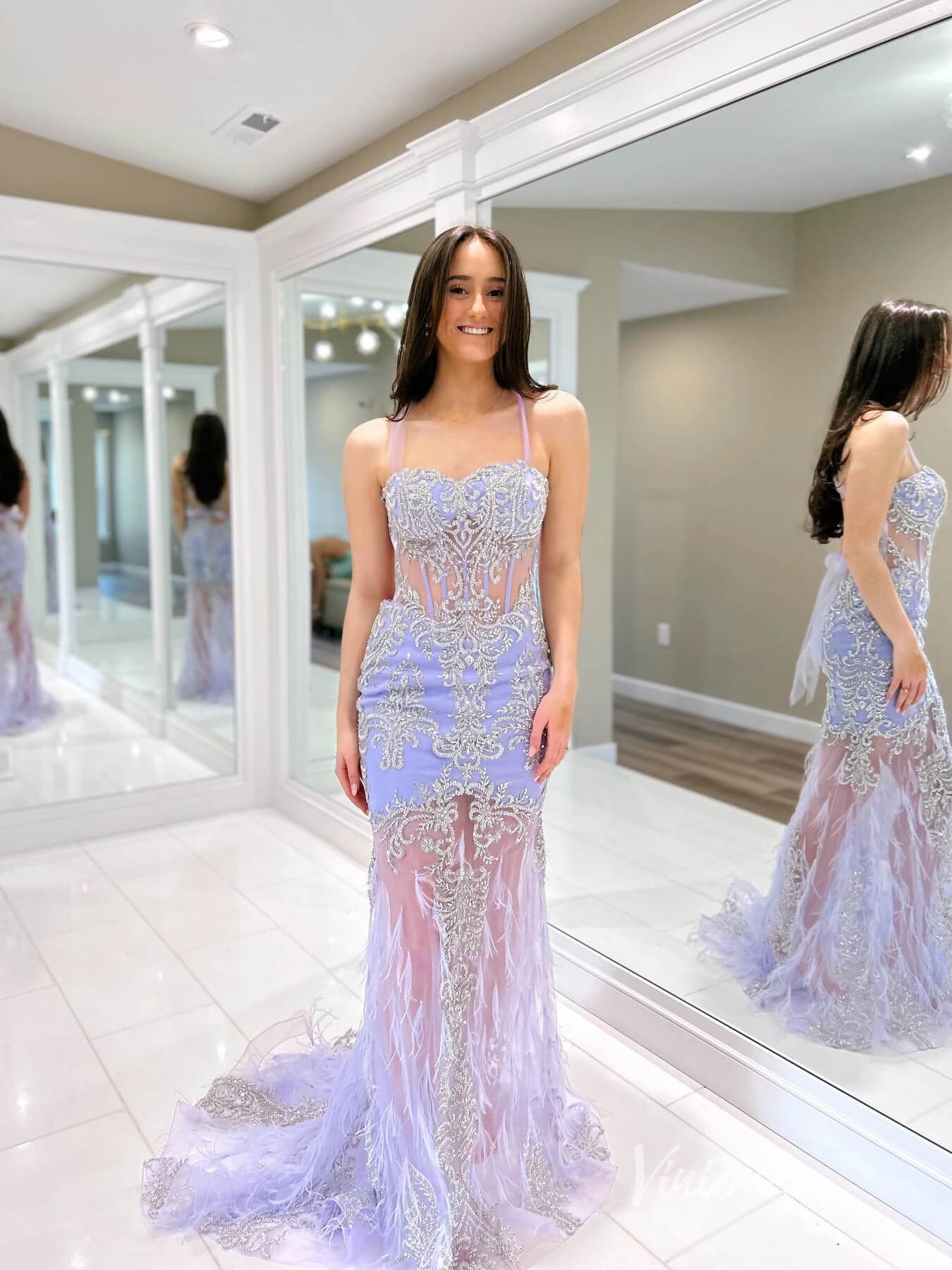 Sheer Lavender Lace Prom Dresses Feather Mermaid Spaghetti Strap Evening Dress FD3670 - Viniodressprom dressesLavenderCustom Size - Formal Dresses - Ball Gowns