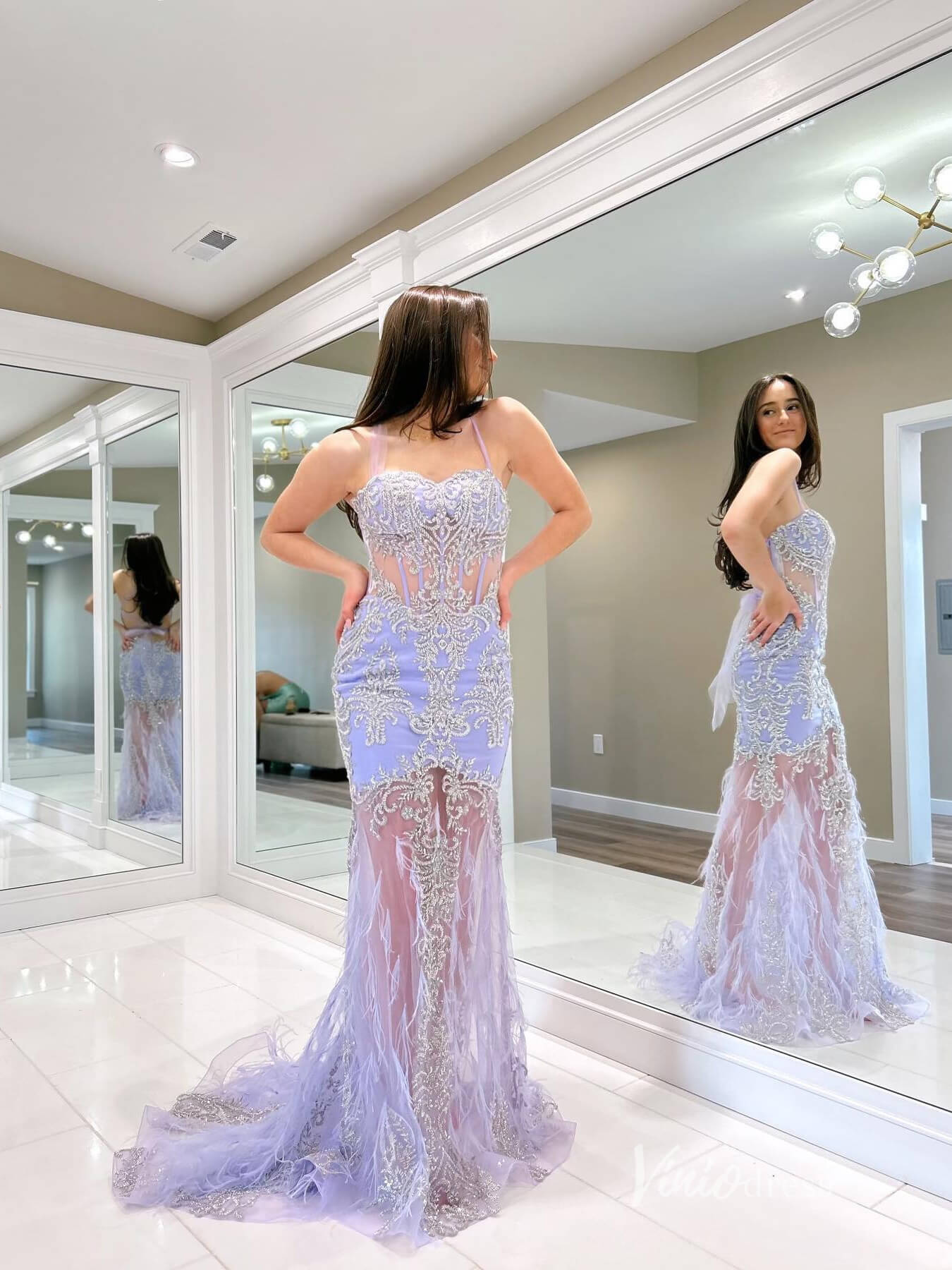 Sheer Lavender Lace Prom Dresses Feather Mermaid Spaghetti Strap Evening Dress FD3670 - Viniodressprom dressesLavenderCustom Size - Formal Dresses - Ball Gowns