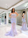 Sheer Lavender Lace Prom Dresses Feather Mermaid Spaghetti Strap Evening Dress FD3670