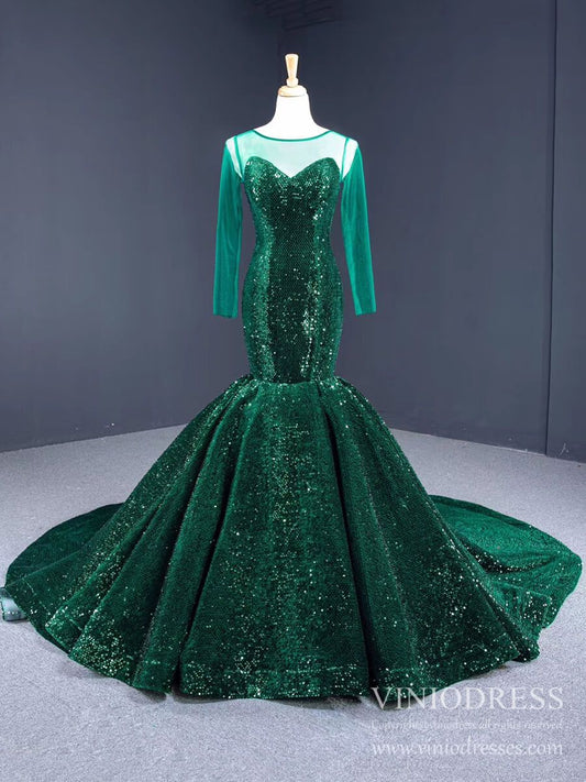 Sheer Long Sleeve Emerald Green Sequin Mermaid Prom Dresses FD1390B-prom dresses 2025 -Viniodress-Emerald Green-Custom Size-