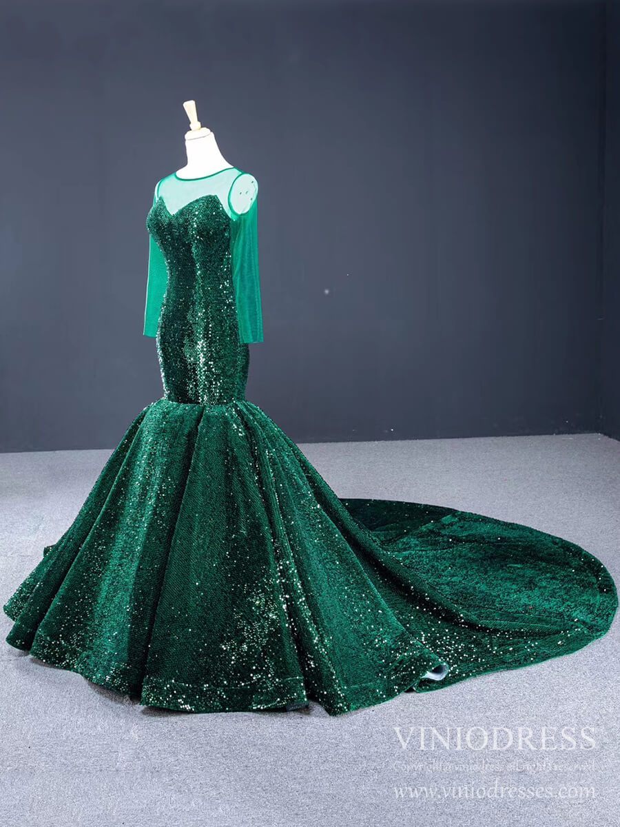 Sheer Long Sleeve Emerald Green Sequin Mermaid Prom Dresses FD1390B Viniodress Sheer Long Sleeve Emerald Green Sequin Mermaid Prom Dresses FD1390B Viniodress