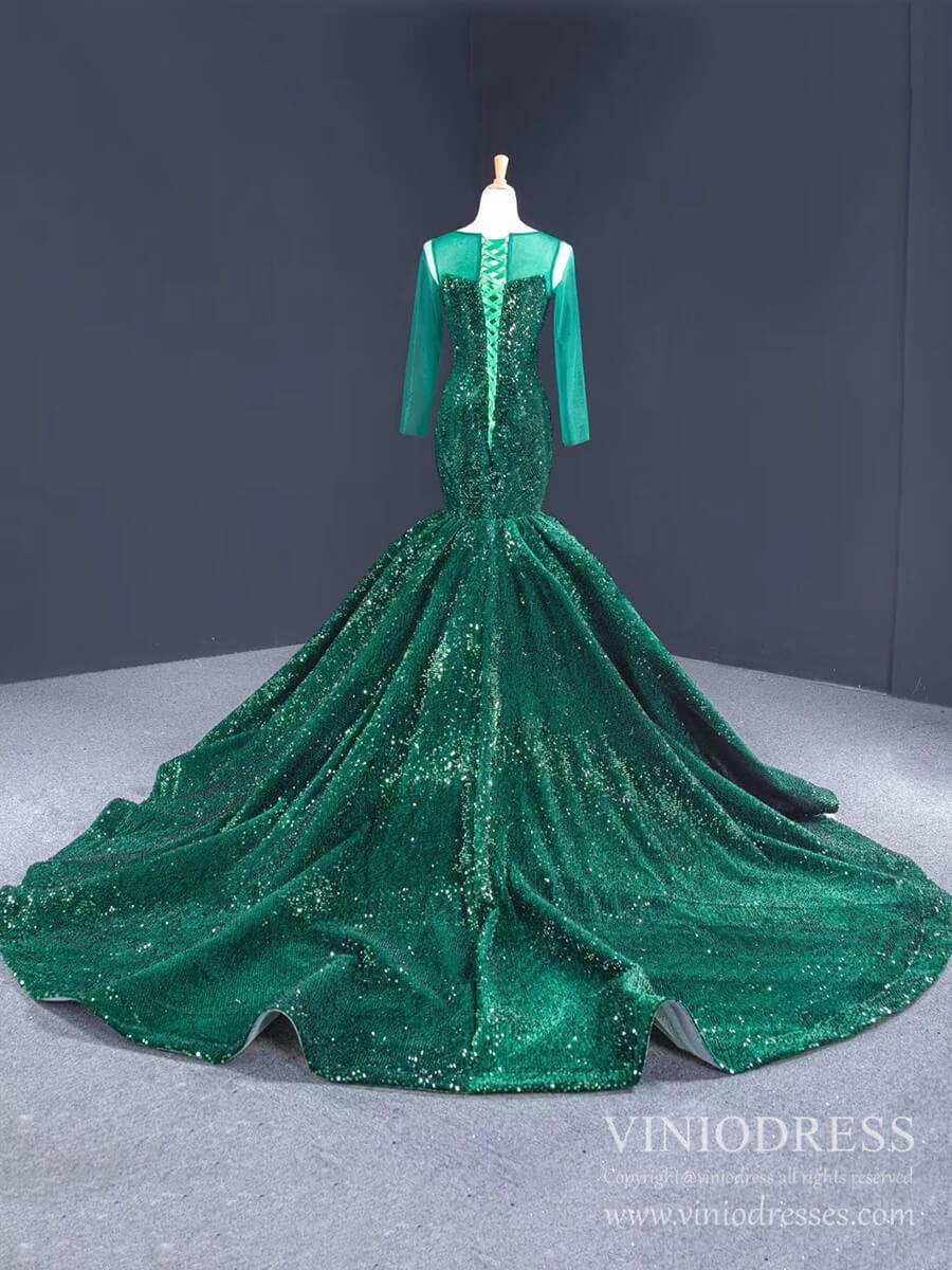 Sheer Long Sleeve Emerald Green Sequin Mermaid Prom Dresses FD1390B Viniodress Sheer Long Sleeve Emerald Green Sequin Mermaid Prom Dresses FD1390B Viniodress