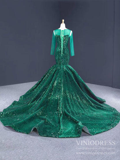Sheer Long Sleeve Emerald Green Sequin Mermaid Prom Dresses FD1390B-prom dresses 2025 -Viniodress-Emerald Green-Custom Size-
