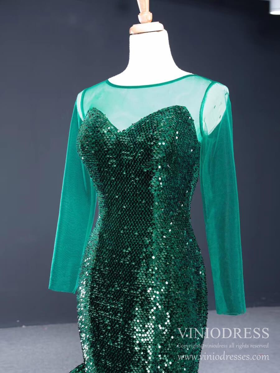 Sheer Long Sleeve Emerald Green Sequin Mermaid Prom Dresses FD1390B –  Viniodress