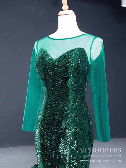 Sheer Long Sleeve Emerald Green Sequin Mermaid Prom Dresses FD1390B-prom dresses 2025 -Viniodress-Emerald Green-Custom Size-