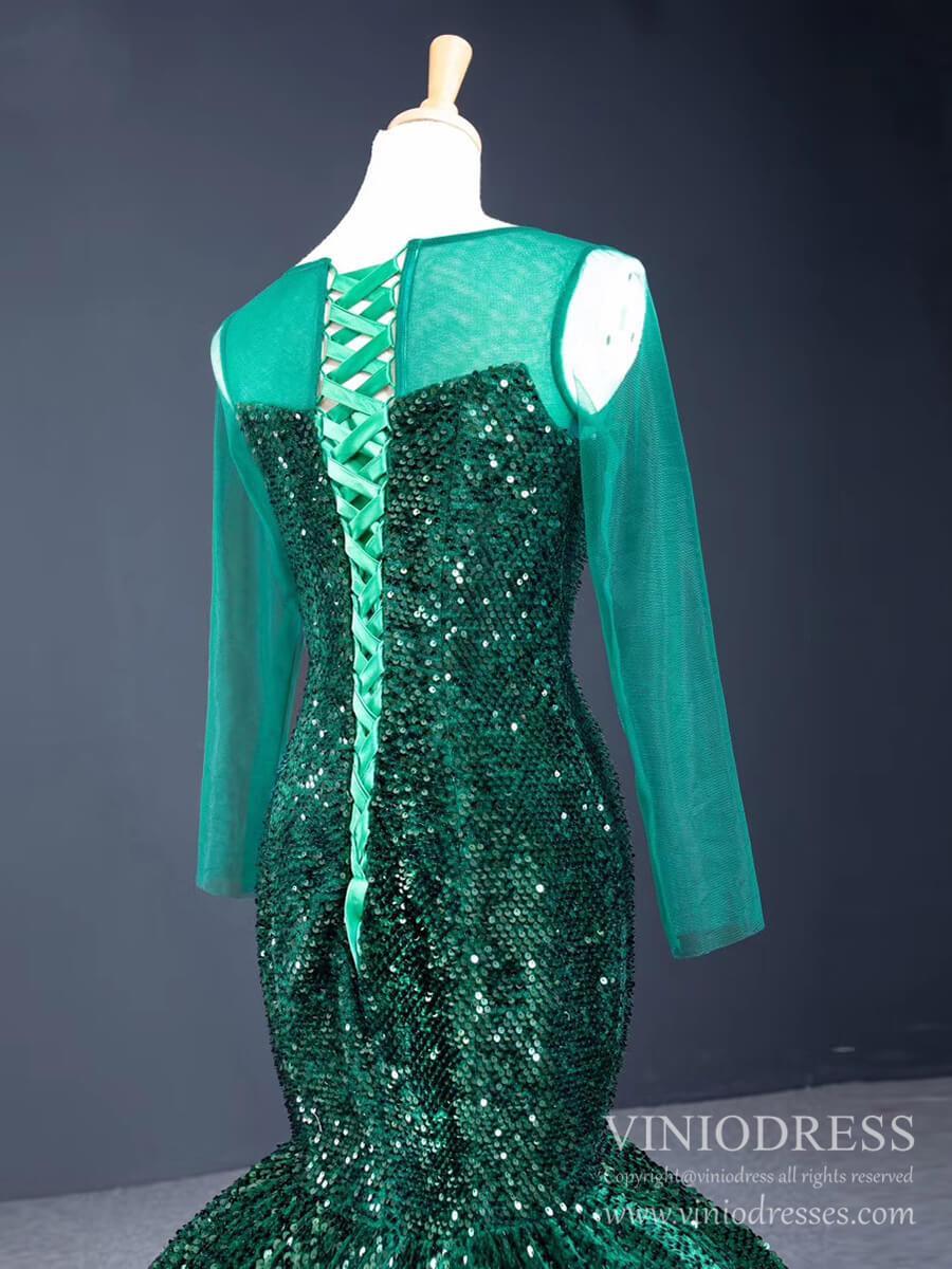 Sheer Long Sleeve Emerald Green Sequin Mermaid Prom Dresses FD1390B-prom dresses 2025 -Viniodress-Emerald Green-Custom Size-
