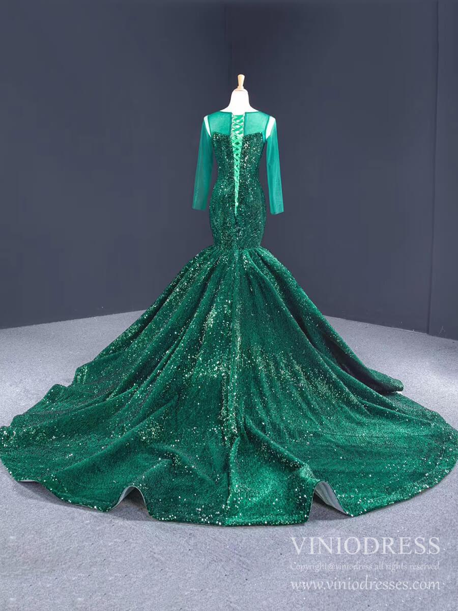 Prom Dress 2025 Sheer Long Sleeve Emerald Green Sequin Mermaid Prom Dresses FD1390B-unique prom dresses-Emerald Green-Custom Size-Viniodress