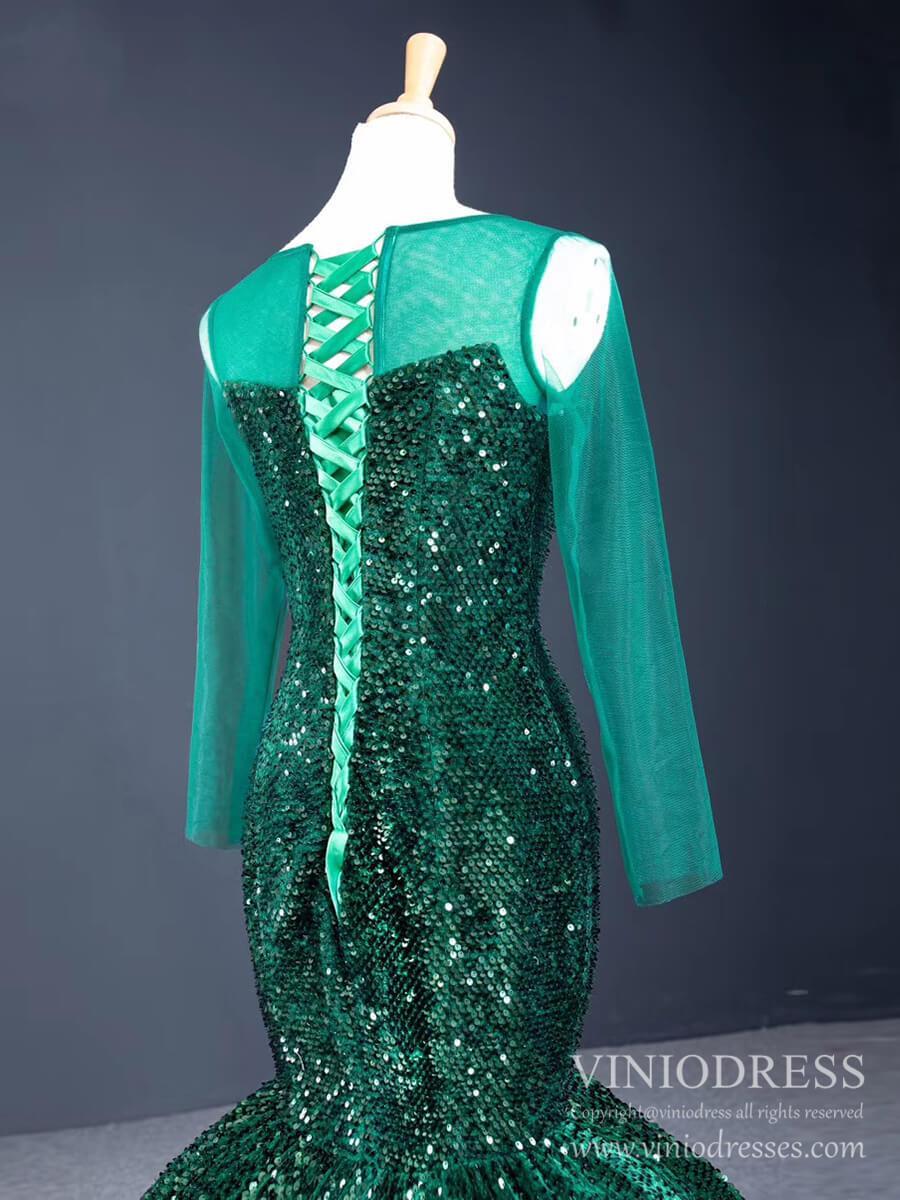 Prom Dress 2025 Sheer Long Sleeve Emerald Green Sequin Mermaid Prom Dresses FD1390B-unique prom dresses-Emerald Green-Custom Size-Viniodress