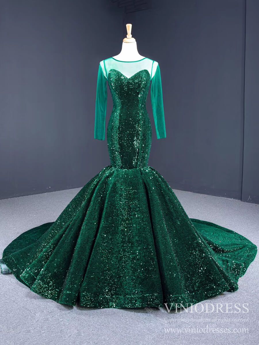 Sheer Long Sleeve Emerald Green Sequin Mermaid Prom Dresses FD1390B-prom dresses-Viniodress-Emerald Green-Custom Size-Viniodress