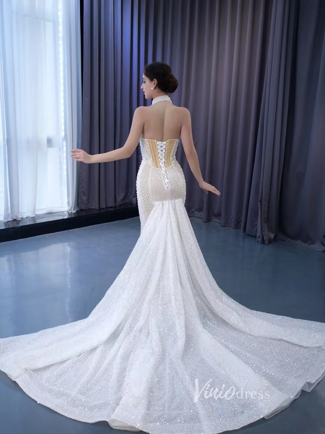 Sheer Pearl Mermaid Wedding Dresses Halter Neck Bridal Dress 231033-Evening Dresses 2025 -Viniodress-Champagne-Custom Size-