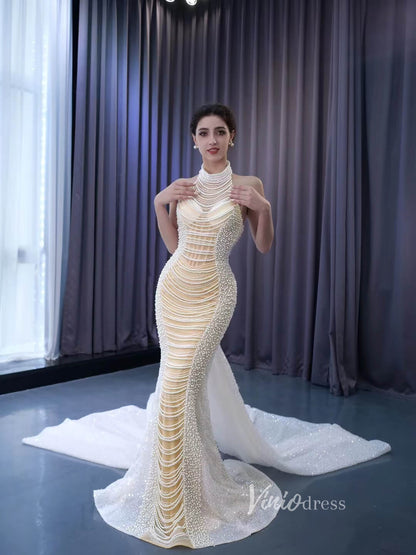 Sheer Pearl Mermaid Wedding Dresses Halter Neck Bridal Dress 231033-Evening Dresses 2025 -Viniodress-Champagne-Custom Size-