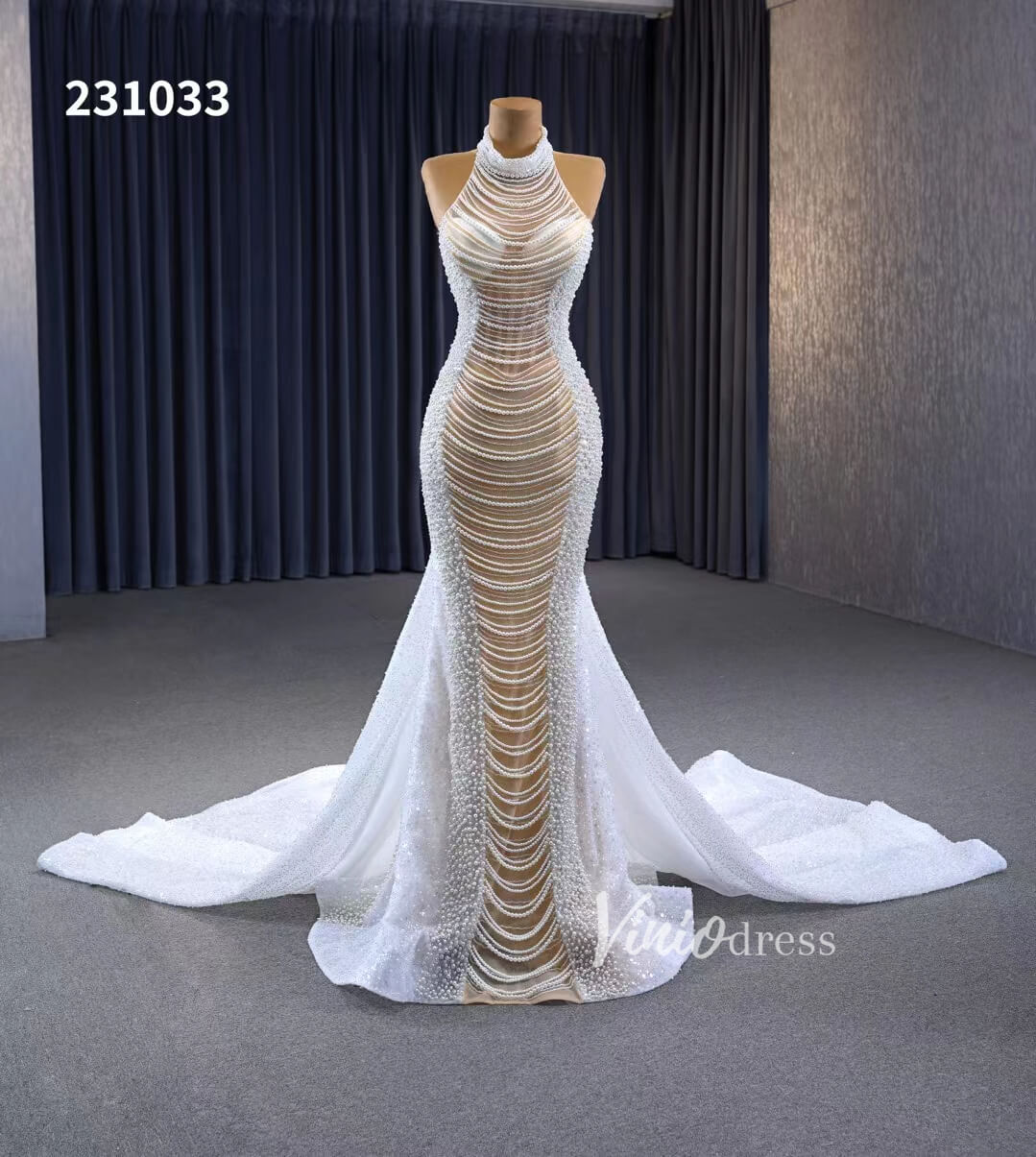 Sheer Pearl Mermaid Wedding Dresses Halter Neck Bridal Dress 231033-Evening Dresses 2025 -Viniodress-Champagne-Custom Size-