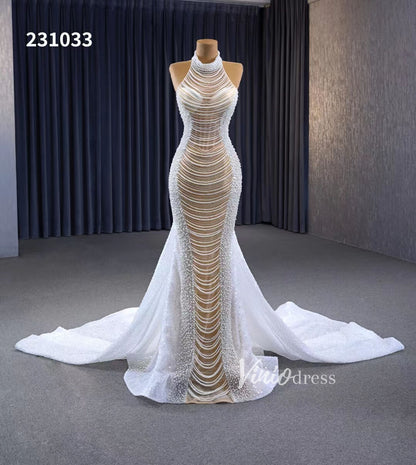 Sheer Pearl Mermaid Wedding Dresses Halter Neck Bridal Dress 231033-Evening Dresses 2025 -Viniodress-Champagne-Custom Size-