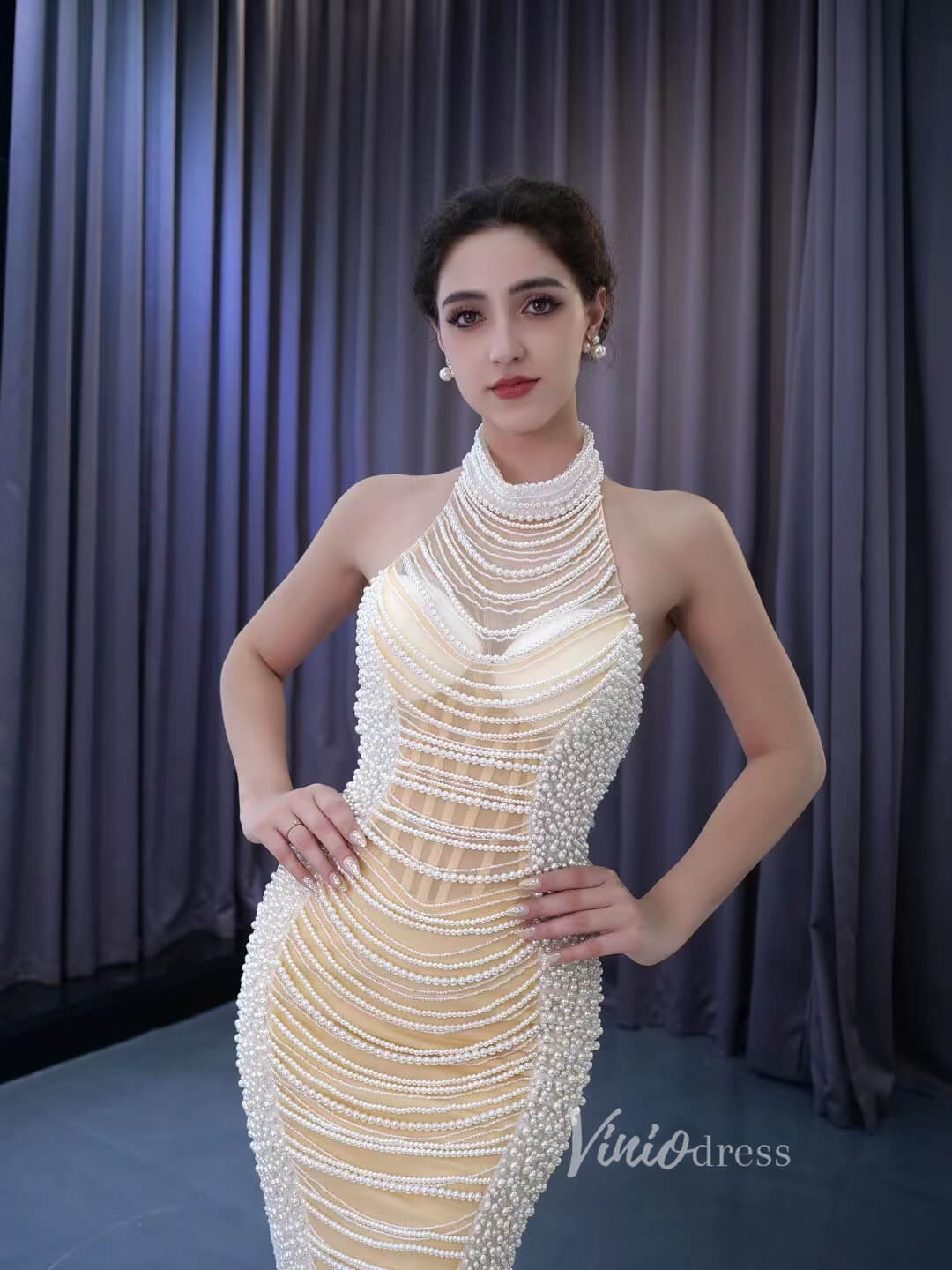 Sheer Pearl Mermaid Wedding Dresses Halter Neck Bridal Dress 231033-Evening Dresses 2025 -Viniodress-Champagne-Custom Size-