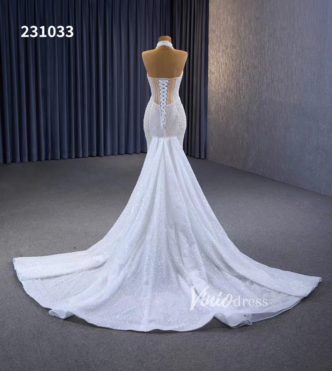 Sheer Pearl Mermaid Wedding Dresses Halter Neck Bridal Dress 231033-Evening Dresses 2025 -Viniodress-Champagne-Custom Size-