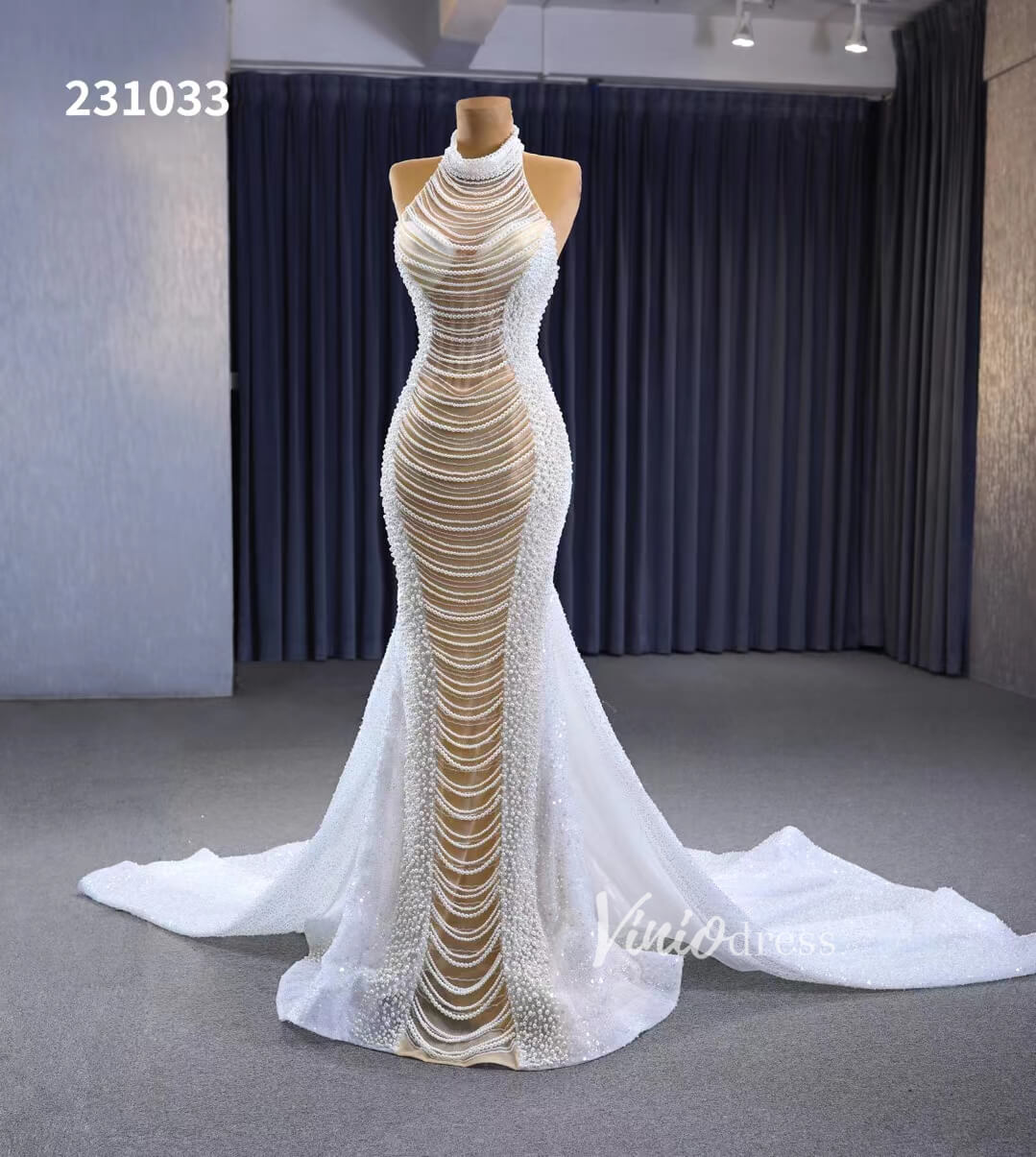 Sheer Pearl Mermaid Wedding Dresses Halter Neck Bridal Dress 231033-Evening Dresses 2025 -Viniodress-Champagne-Custom Size-