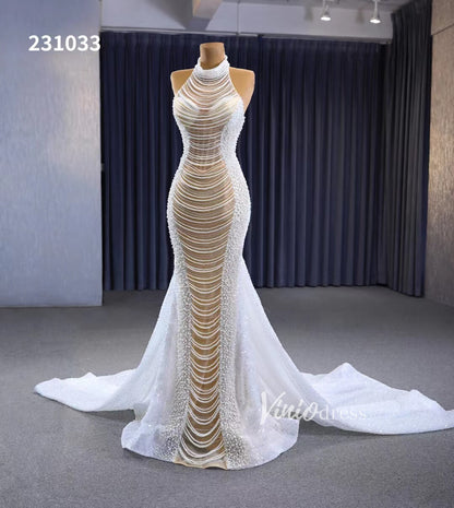 Sheer Pearl Mermaid Wedding Dresses Halter Neck Bridal Dress 231033-Evening Dresses 2025 -Viniodress-Champagne-Custom Size-