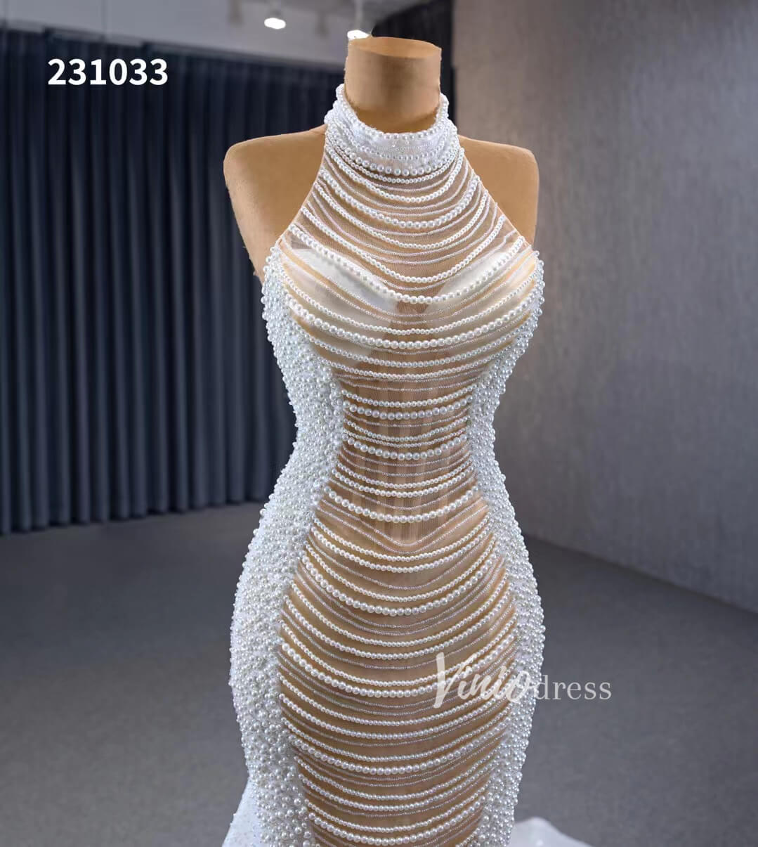 Sheer Pearl Mermaid Wedding Dresses Halter Neck Bridal Dress 231033-Evening Dresses 2025 -Viniodress-Champagne-Custom Size-