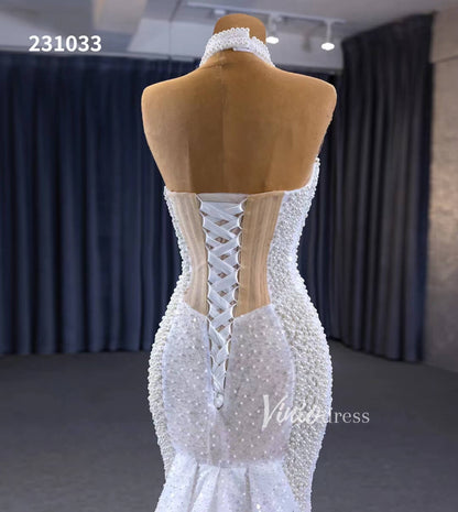 Sheer Pearl Mermaid Wedding Dresses Halter Neck Bridal Dress 231033-Evening Dresses 2025 -Viniodress-Champagne-Custom Size-
