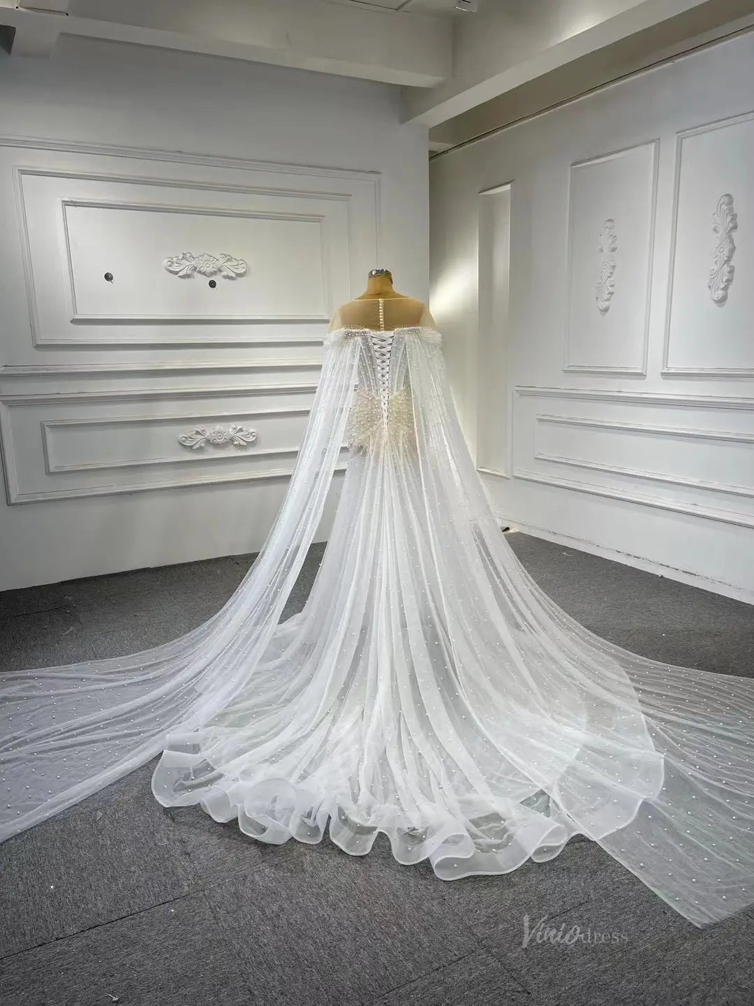 Sheer Pearl Wedding Dresses Cape Sleeves 67544-wedding dresses 2025 -Viniodress-Champagne-Custom Size-