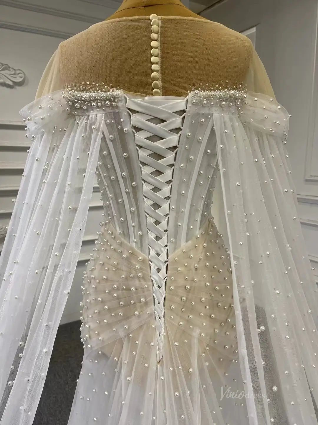 Sheer Pearl Wedding Dresses Cape Sleeves 67544-wedding dresses 2025 -Viniodress-Champagne-Custom Size-
