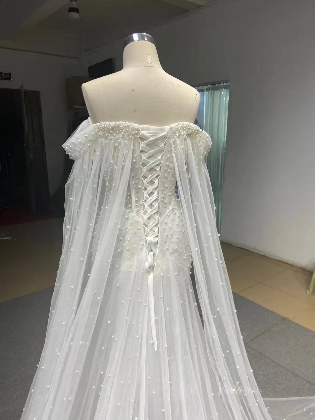 Sheer Pearl Wedding Dresses Cape Sleeves 67544-wedding dresses 2025 -Viniodress-Champagne-Custom Size-