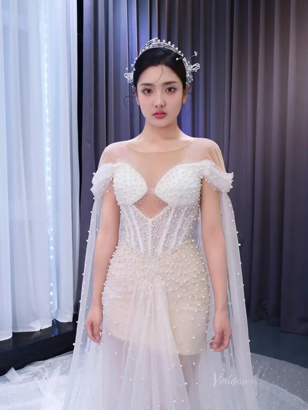 Sheer Pearl Wedding Dresses Cape Sleeves 67544 – Viniodress Sheer Pearl Wedding Dresses Cape Sleeves 67544 – Viniodress
