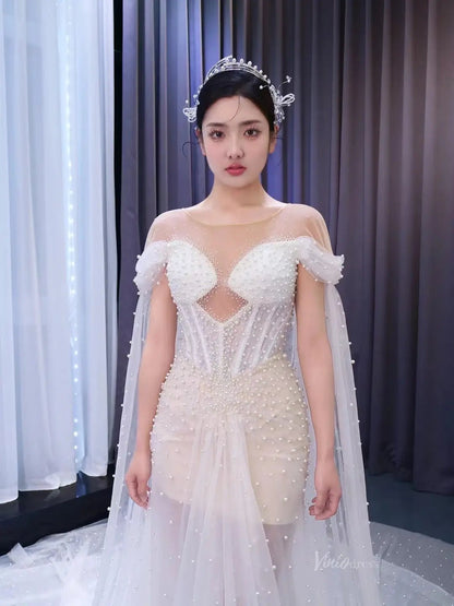 Sheer Pearl Wedding Dresses Cape Sleeves 67544-wedding dresses 2025 -Viniodress-Champagne-Custom Size-