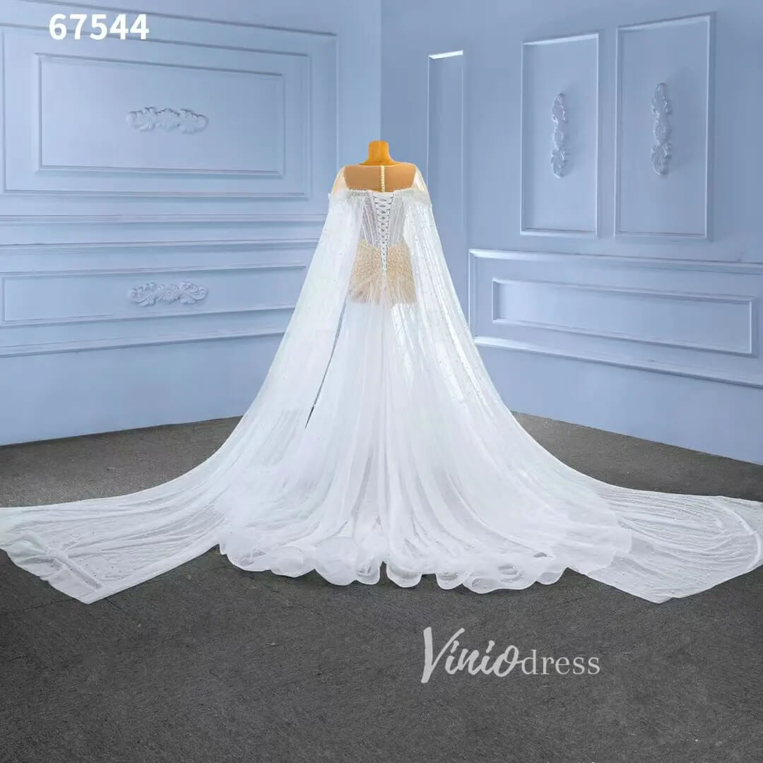 Sheer Pearl Wedding Dresses Cape Sleeves 67544-wedding dresses 2025 -Viniodress-Champagne-Custom Size-