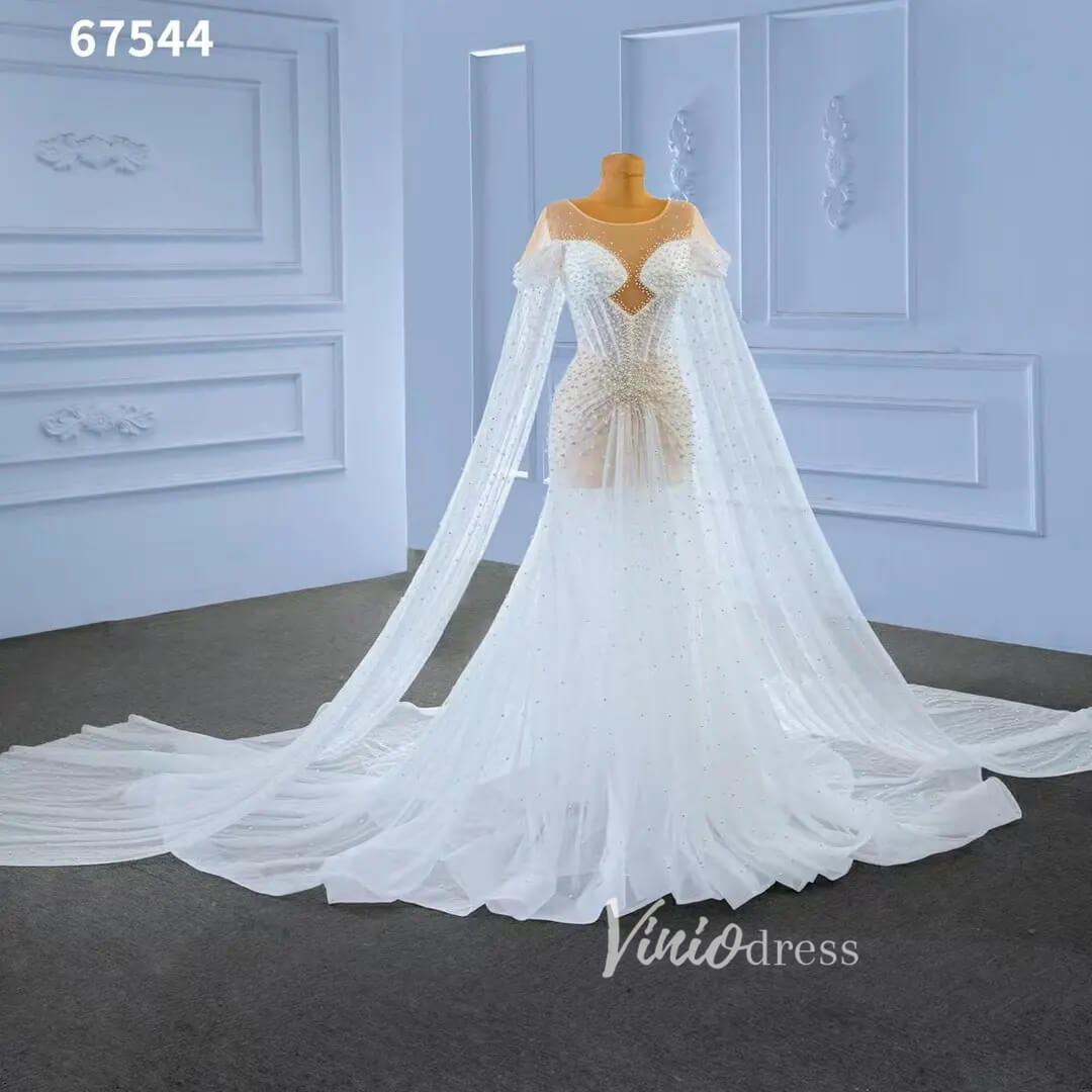Sheer Pearl Wedding Dresses Cape Sleeves 67544-wedding dresses 2025 -Viniodress-Champagne-Custom Size-