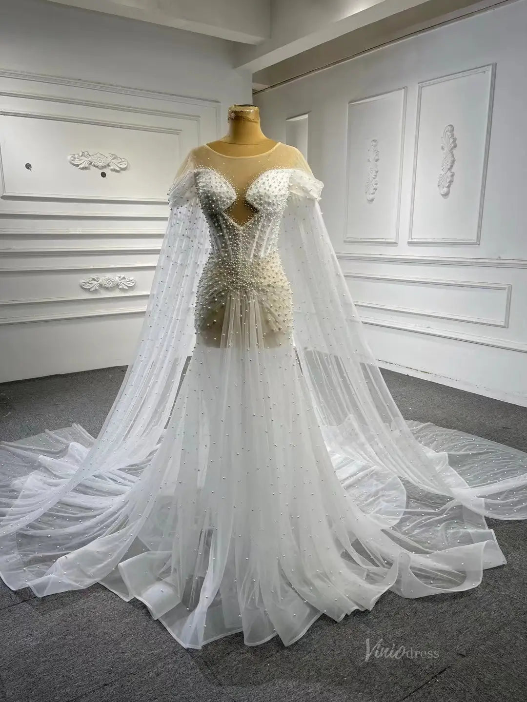 Sheer Pearl Wedding Dresses Cape Sleeves 67544-wedding dresses 2025 -Viniodress-Champagne-Custom Size-