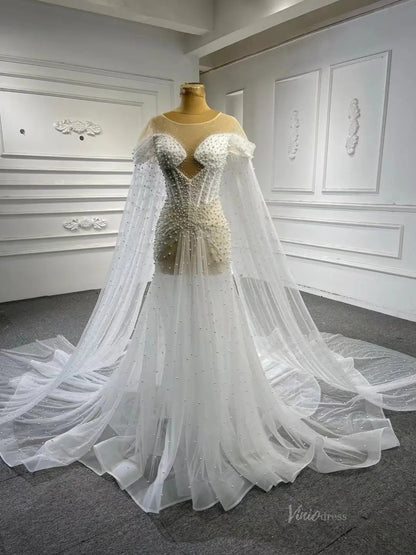 Sheer Pearl Wedding Dresses Cape Sleeves 67544-wedding dresses 2025 -Viniodress-Champagne-Custom Size-