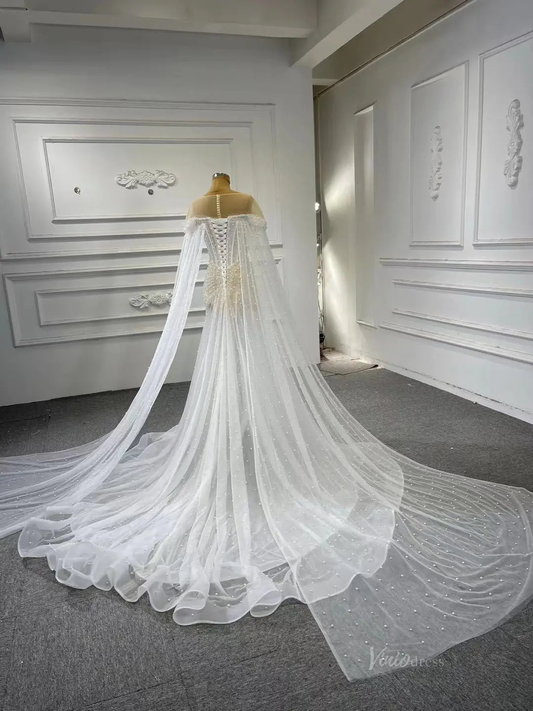 Sheer Pearl Wedding Dresses Cape Sleeves 67544-wedding dresses 2025 -Viniodress-Champagne-Custom Size-